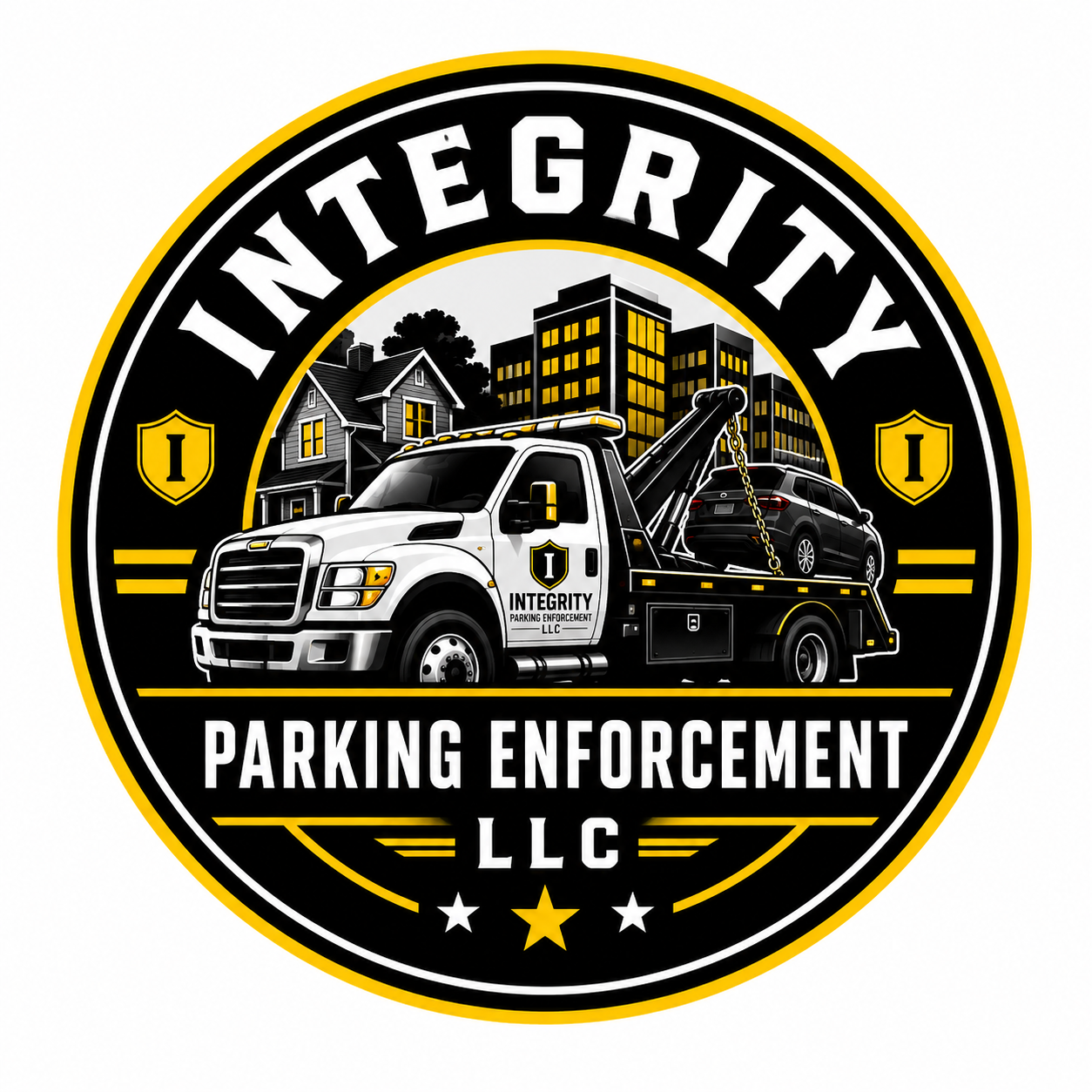 Integrity Parking Enforcement LLC emblem featuring a tow truck